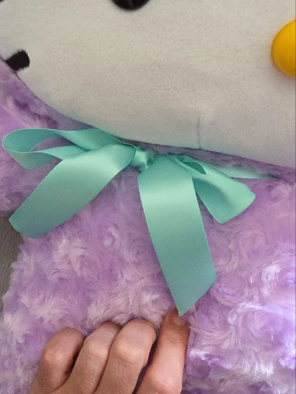 Hello Kitty Plush in Lavender with Pink Bow and Teal Ribbon